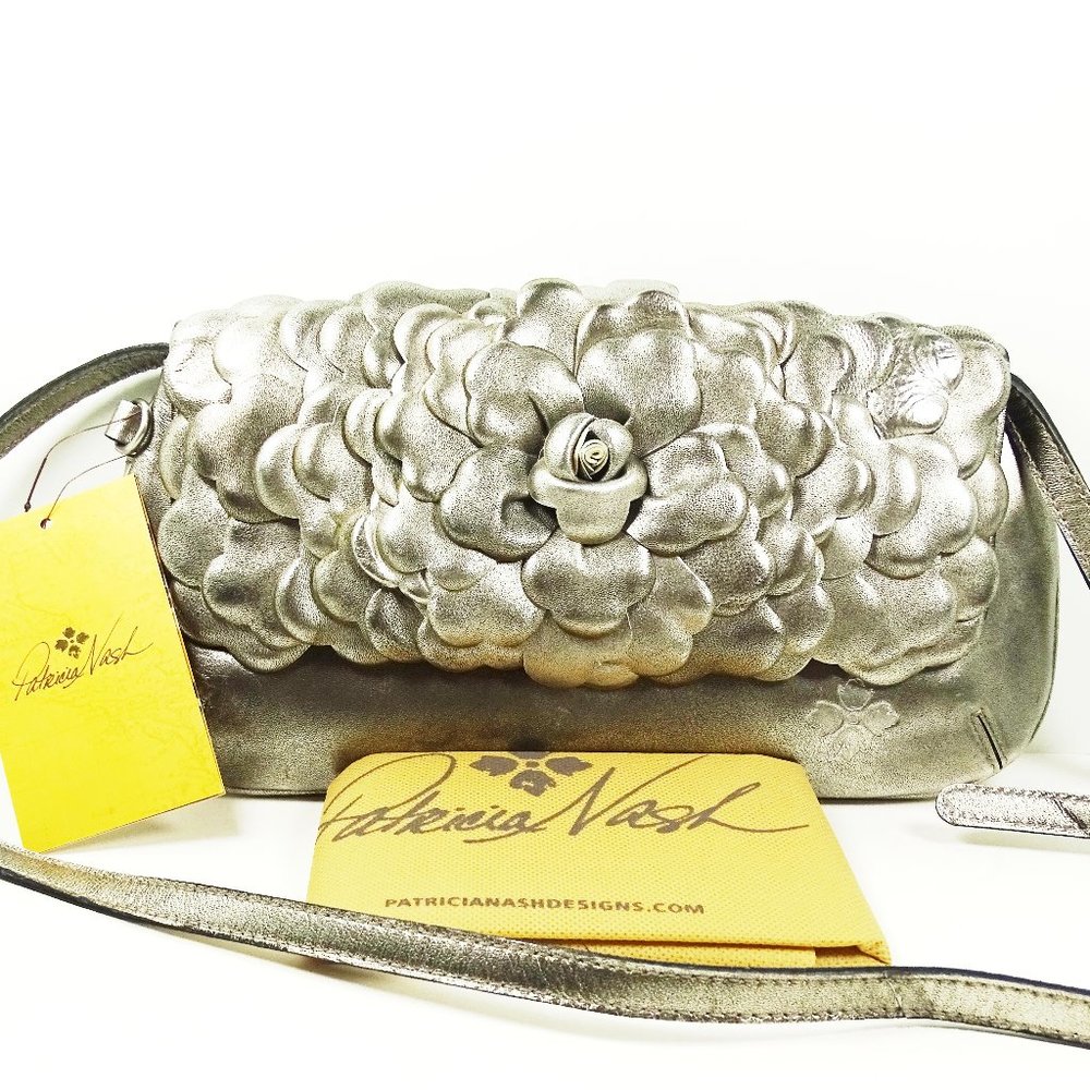 PATRICIA NASH Baku Platinum Color Petals Leather Clutch Crossbody